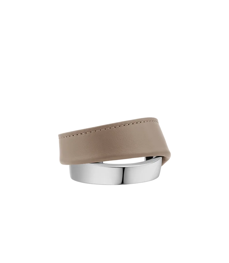 Ormé Cuff Edition Zilver in rhodium met taupekleurig leer